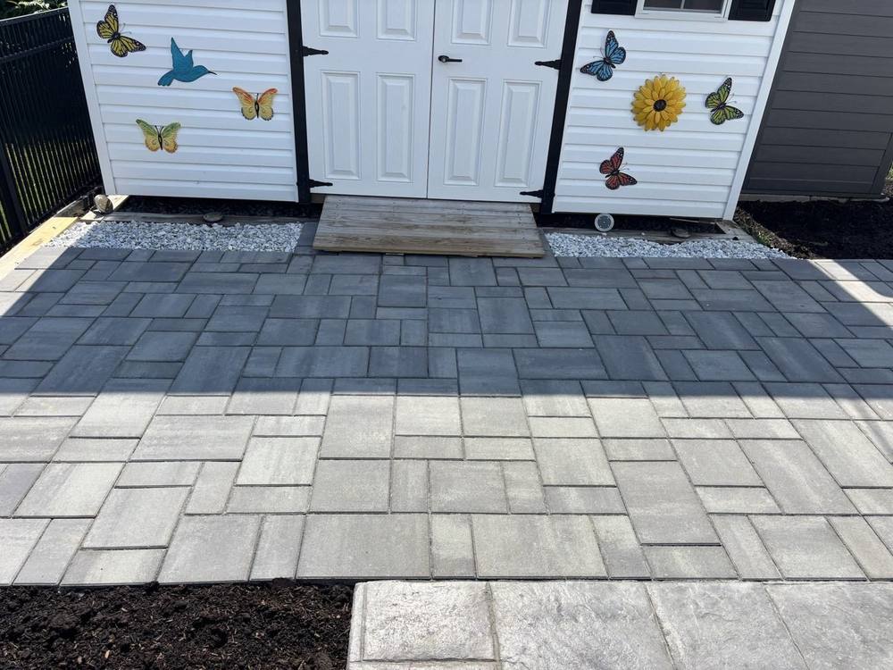 Close-up of a gray paver patio